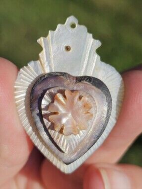 Vintage Sacred Heart Hand Carved Mother of Pearl Abalone Shell Pendant